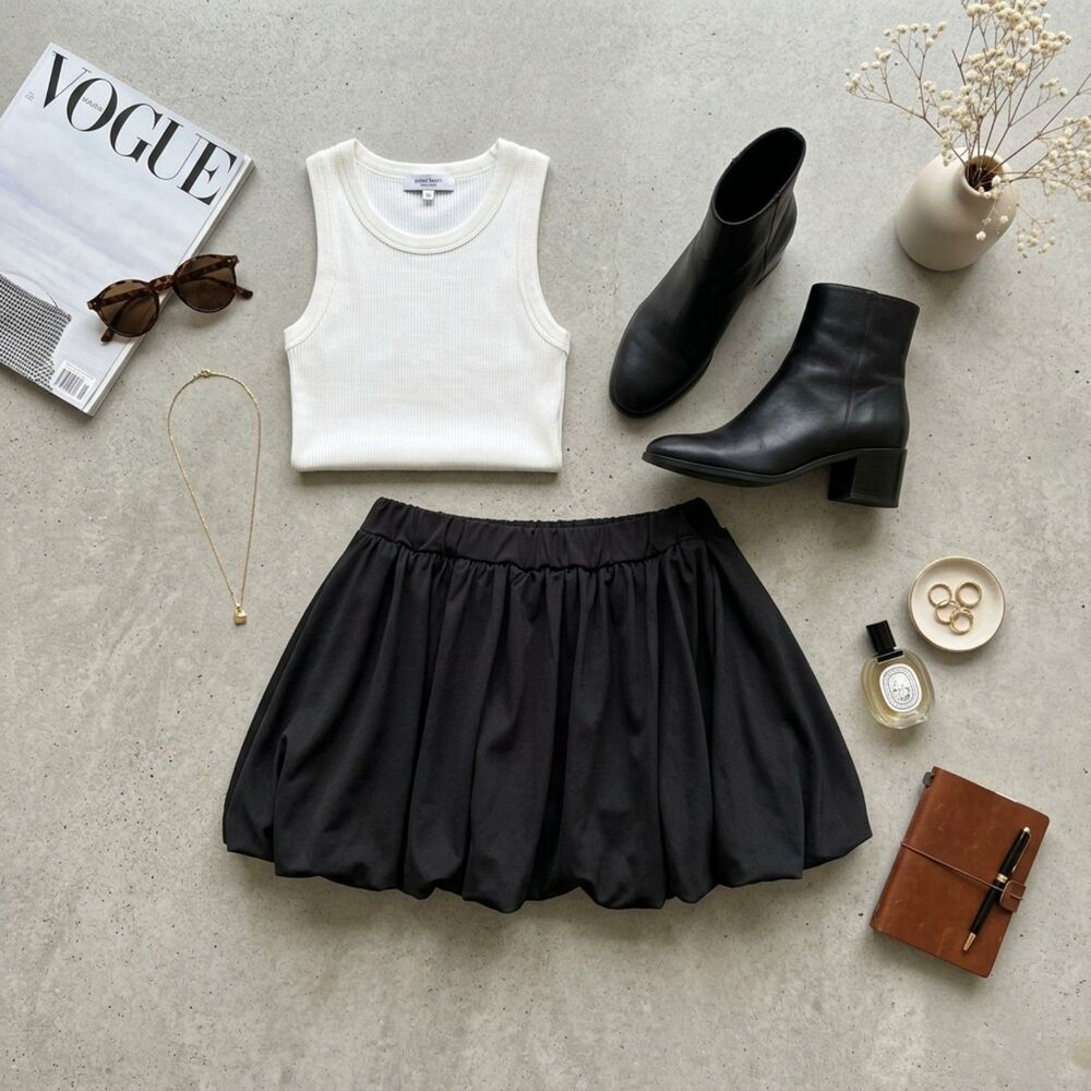 Black Bubble Skirt Size L Balloon Mini Skater Skirt Y2K Fall